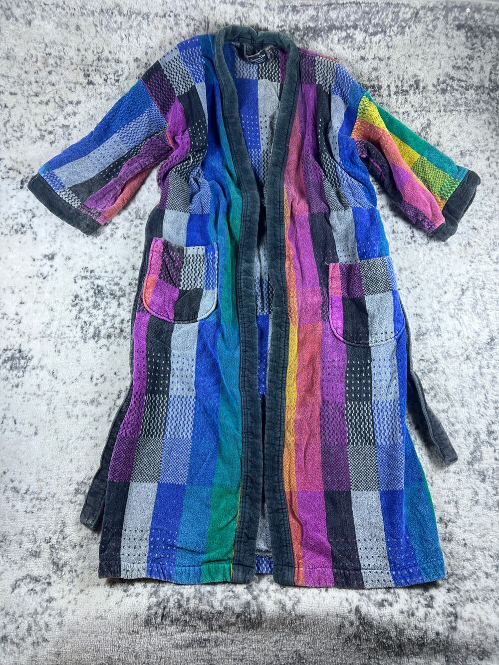 Vintage Christian Dior Bathrobe Mens One Size Madras Plaid Velour Loungewear
